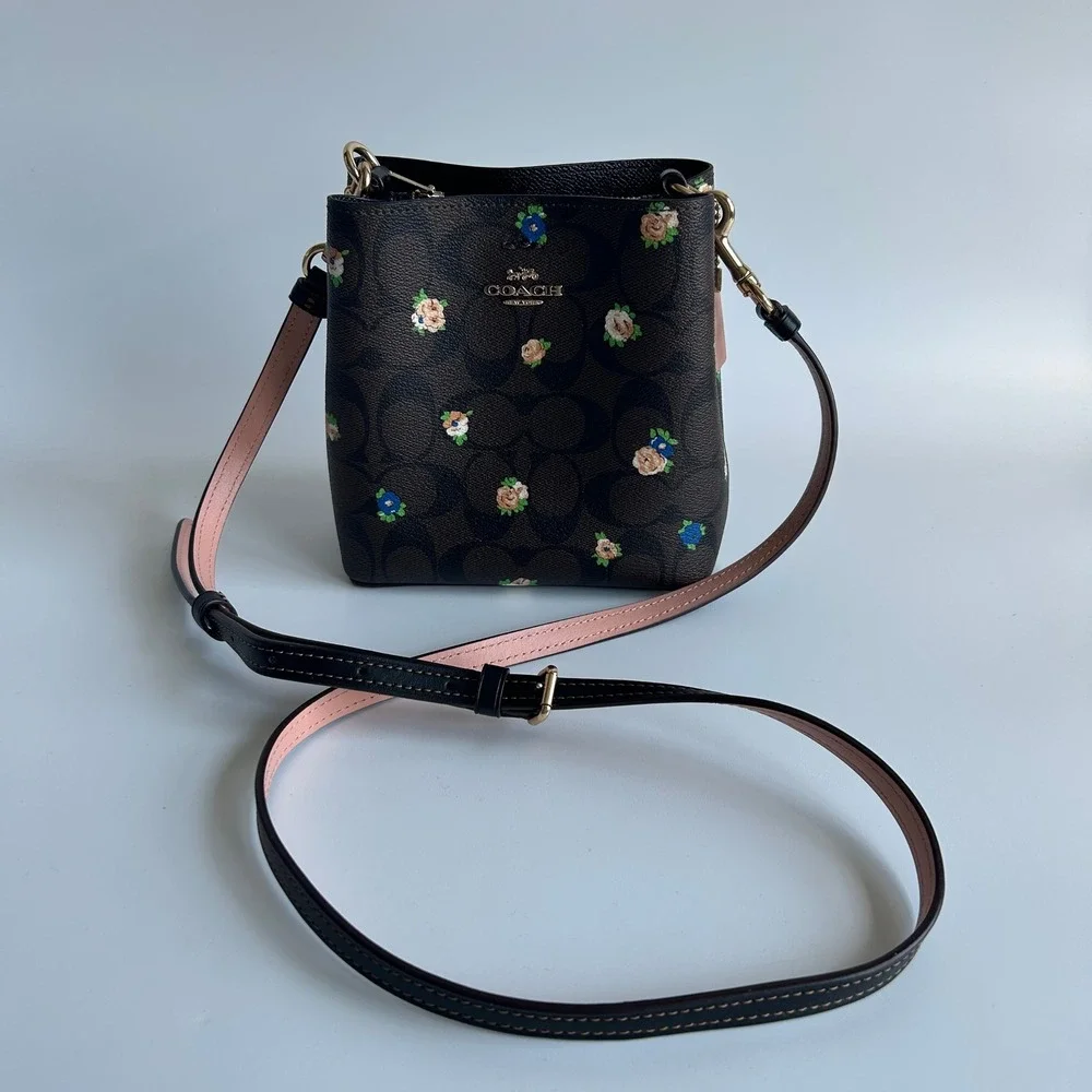 Coach Mini Town Bucket Bag Floral Brown Black Canvas C7270